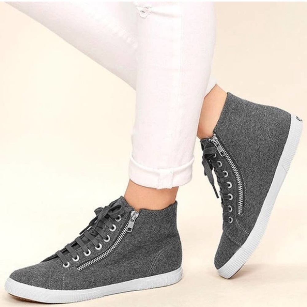 Superga Gray Wool Hi-Top Sneakers Side Zipper + Tie Women’s Size 8